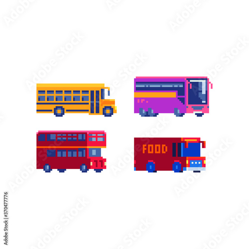 Vehicles bus, buses pixel art style icon. 8-bit. School bus and double-decker. Isolated  abstract vector illustration.