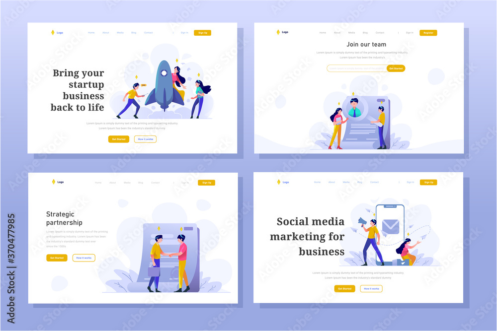Landing Page Business and finance Vector Illustration flat gradient design style, startup, worker search, contract agreement, megaphone, internet social media marketing