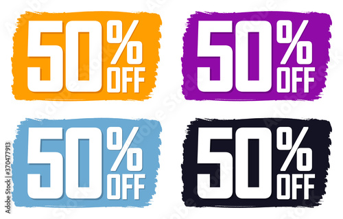 Set Sale 50% off banners, discount tags design template, grunge brush, vector illustration