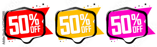 Set Sale 50% off banners, discount tags design template, grunge brush, vector illustration