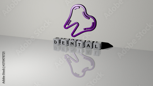 DENTAL text of cubic dice letters on the floor and 3D icon on the wall. 3D illustration. dentist and care