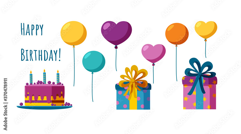 Fototapeta premium Birthday accessories in colorful set. Balloons, cake and presents for happy birthday. Flat vector illustration isolated in white background