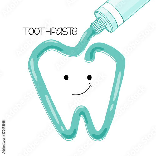 Vector illustration of toothpaste squeezed out of a tube. A smiling tooth. Isolated background.