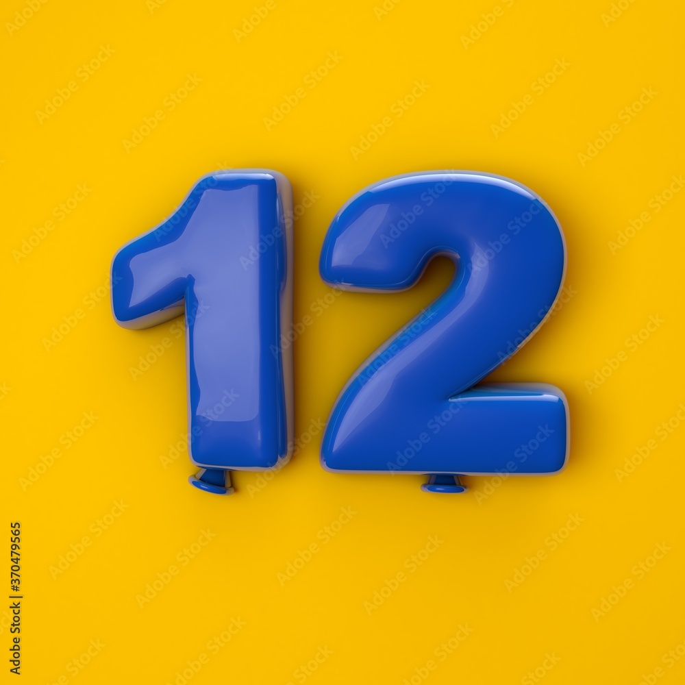 Numeral 12. Foil balloon number on yellow background. 3d illustration Numeral 12. Foil balloon number on yellow background. 3d illustration