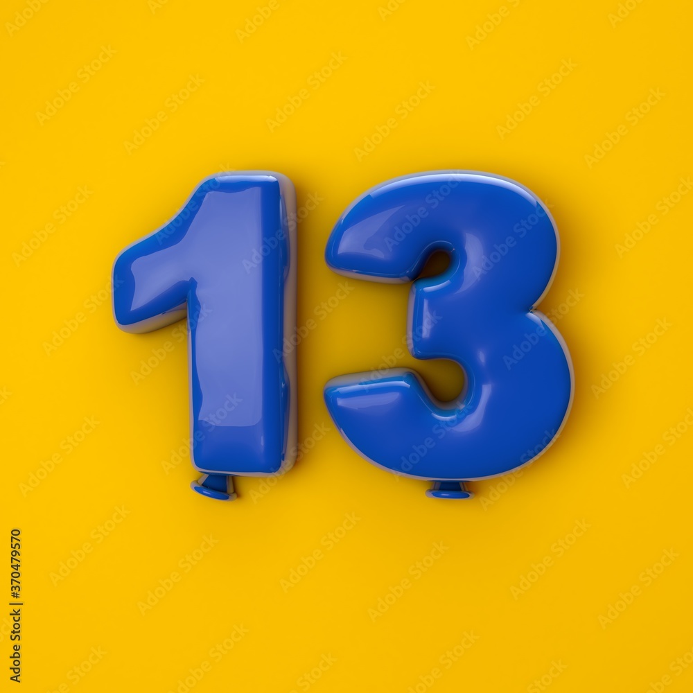 Numeral 13. Foil balloon number on yellow background. 3d illustration Numeral 13. Foil balloon number on yellow background. 3d illustration