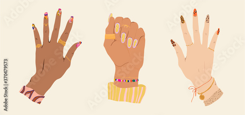 Set of trendy female manicured hand with modern jewelry. Hand drawn colorful concept illustrations in flat style.