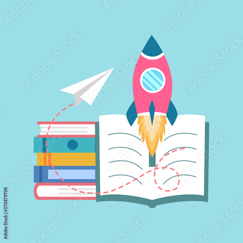 Rocket flying from textbook with stack of books and paper plane in flat design. World book day concept vector illustration.
