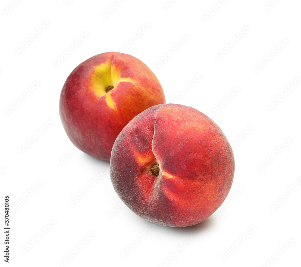 Sweet ripe peaches on white background Sweet ripe peaches on white background