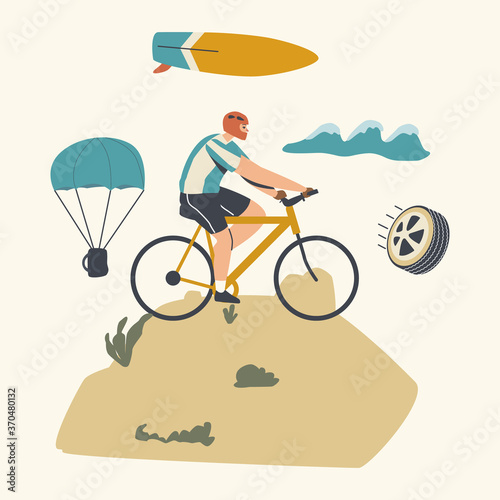 Cyclist Sportsman Character in Helmet Riding Bike, Outdoors Summer Extreme. Bicycle Active Sport and Healthy Lifestyle