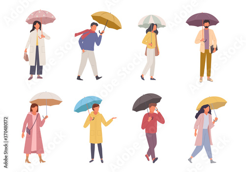 Characters with umbrellas set. People walk in rainy weather parasol different colors man to work with smartphone woman rushes to store with bag good protection bad climate. Vector cartoon style.