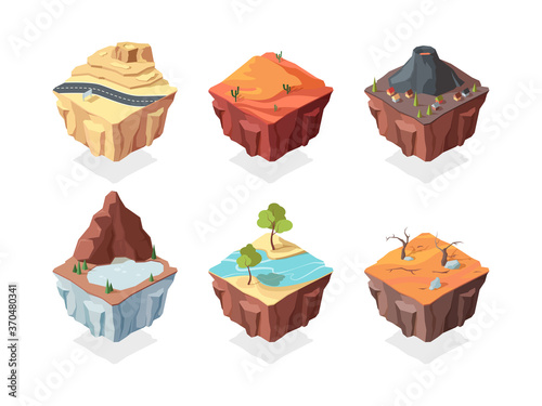 Isometric island game landscapes set. Red desert with cacti volcano with village house mountain lake and plants river with trees on side of road highway on rocky terrain. Vector cartoon platform.