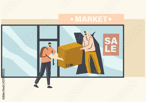 Masked Looters Stealing Goods through Broken Store Showcase, Aggressive Masked Male Characters Looting, Damage Equipment