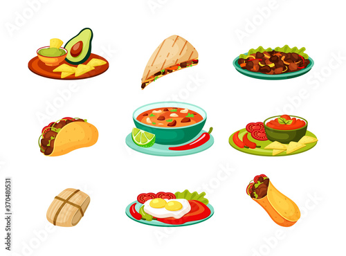 Mexican traditional food set. Spicy fresh vegetable meat cuisine burrito with spices guacamole green avocado hot quesadilla with chili and lemon tacos chicken fillet. National vector snacks.