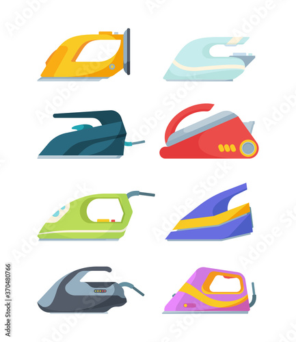 Electric irons set. Modern ironing and drying devices colored with built in electronics warm household help technology steel and plastic processing equipment. Flat vector clothing.