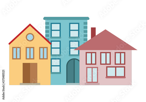Bloques de pisos y casas en fondo blanco.