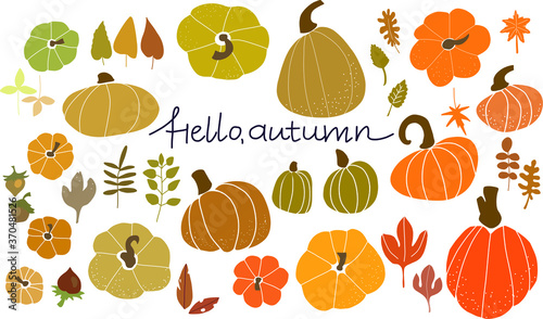 Vector autumn icons set: falling leaves, pumkins, nuts, handdrawn lettering. Collection for scrapbook of fall season elements. Bright background for harvest time. Autumn greeting card, stickers, sale