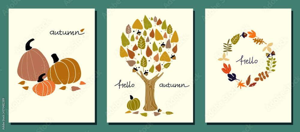 Set of autumn flyer template with lettering. Bright leaves, pumkins, nuts, tree, acorn, wreath. Poster, card, label, banner, invitation cards, interior design, coffeshop design, cover page.