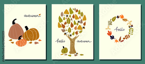 Set of autumn flyer template with lettering. Bright leaves, pumkins, nuts, tree, acorn, wreath. Poster, card, label, banner, invitation cards, interior design, coffeshop design, cover page.