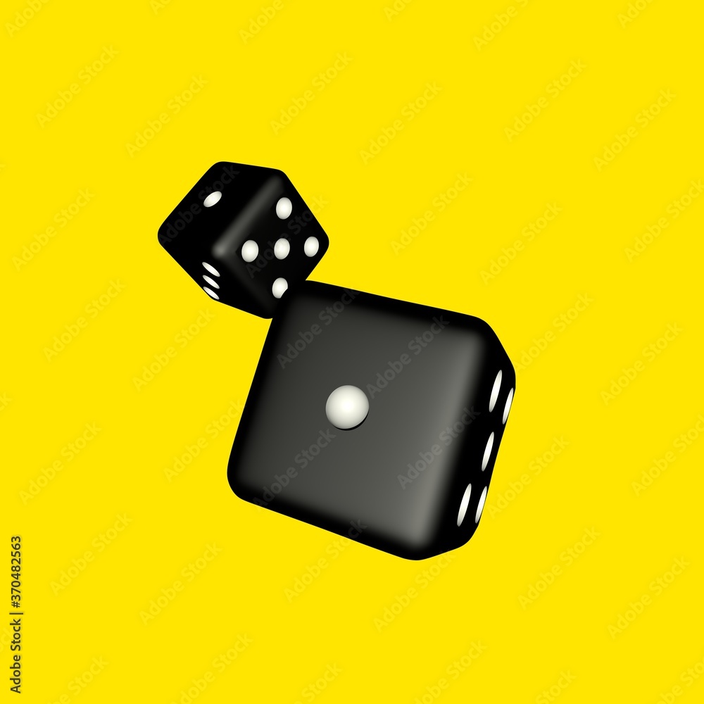 illustration abstract, rolling black dices .3d illustration. Yellow background