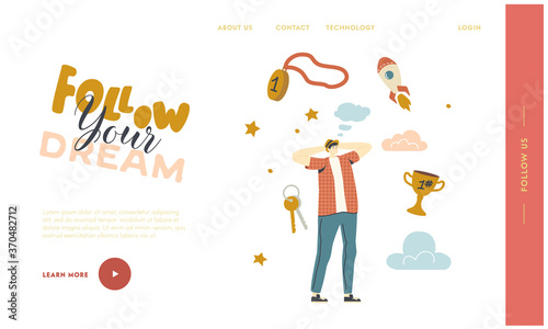 Male Character Dreaming of Success Landing Page Template. Man Thinking of Wealth, Rocket Flying in Sky, Golden Cup, Keys