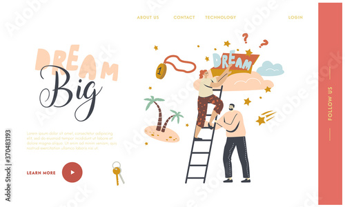 Aspiration and Motivation Achievement Landing Page Template. People Dare Taking Star from Sky, Characters Follow Dream