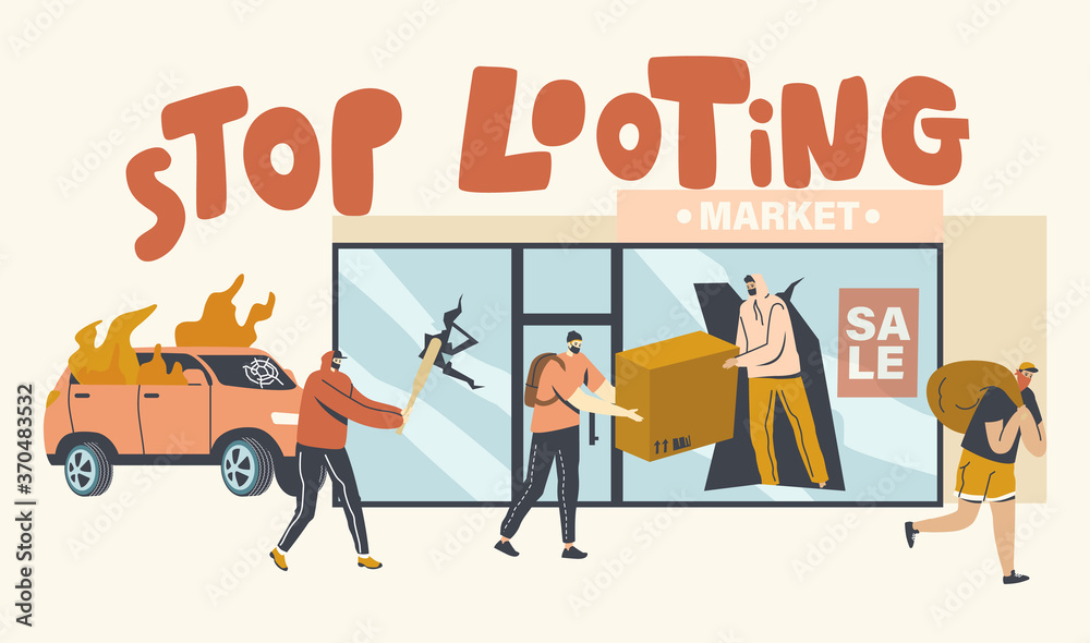 Stop Looting Concept. Aggressive Masked Characters Breaking Store Showcase for Steeling Goods, Damage Cars and Equipment