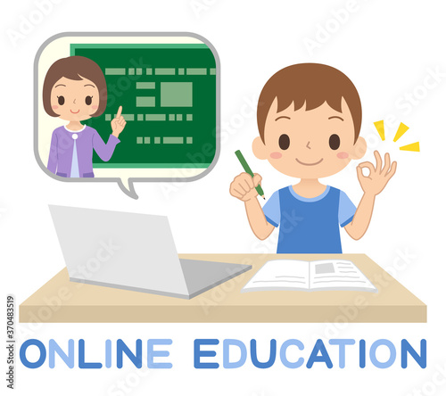 パソコンを使ってオンラインで勉強する男の子　オンライン授業　OKサイン　イラスト