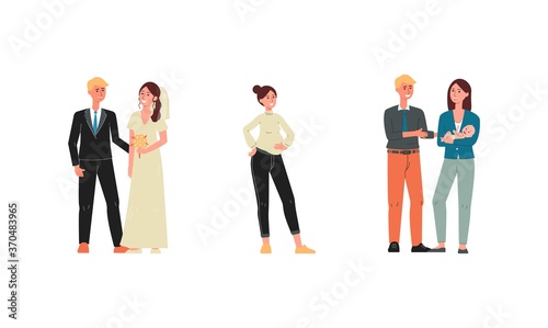 Stages of family banner with people characters flat vector illustration isolated.
