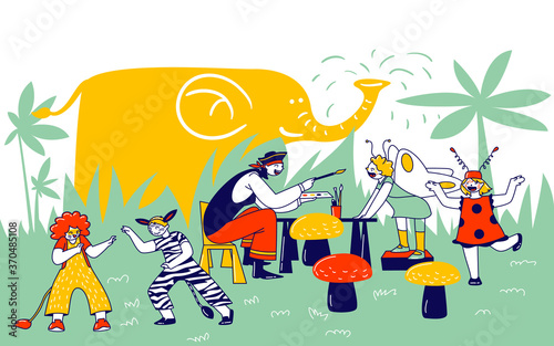 Children Face Painting. Animator Character Wearing Pirate Costume Paint on Kids Faces during Birthday Party Celebration