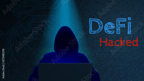 Defi hacked concept. Silhouette of a hacker with a computer and text on a dark digital background. Horizontal. Vector EPS10.