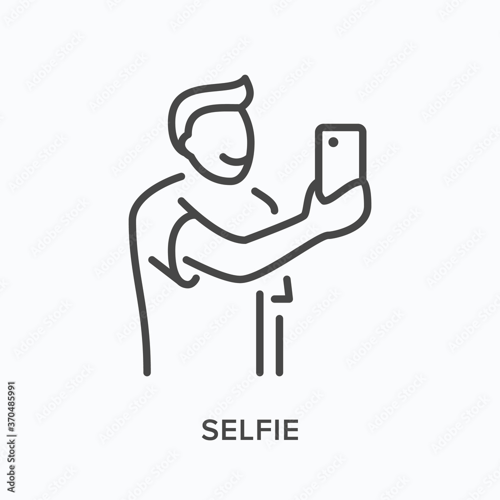 Selfie flat line icon. Vector outline illustration of young man taking self photo on mobile phone camera. Happy person holding smartphone in hand thin linear pictogram Selfie flat line icon. Vector outline illustration of young man taking self photo on mobile phone camera. Happy person holding smartphone in hand thin linear pictogram
