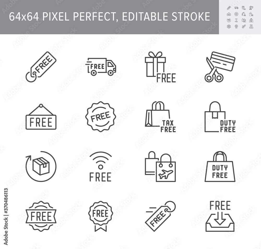 Free label line icons. Vector illustration included icon as gratis delivery truck, shipping, wifi, download, duty free outline pictogram of freebies. 64x64 Pixel Perfect Editable Stroke Free label line icons. Vector illustration included icon as gratis delivery truck, shipping, wifi, download, duty free outline pictogram of freebies. 64x64 Pixel Perfect Editable Stroke