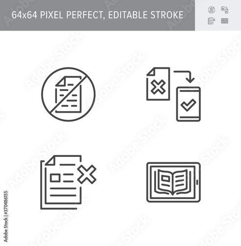 Paperless line icons. Vector illustration included icon as less paperwork, digital office, bureaucracy outline pictogram of electronic document management. 64x64 Pixel Perfect Editable Stroke