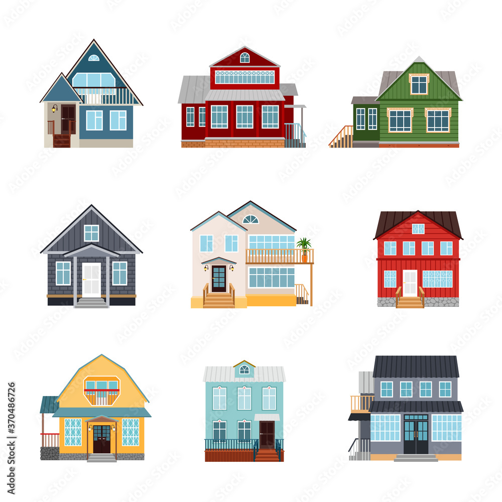 Front view house exteriors. Private cartoon modern nice wooden and brick houses of different shapes and colors. Housing buildings vector illustration isolated on white background
