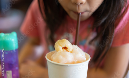 child girl asian drink Lychee Juice Delicious happy