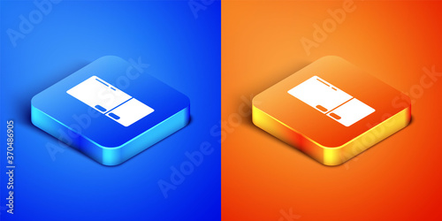 Isometric Refrigerator icon isolated on blue and orange background. Fridge freezer refrigerator. Household tech and appliances. Square button. Vector.