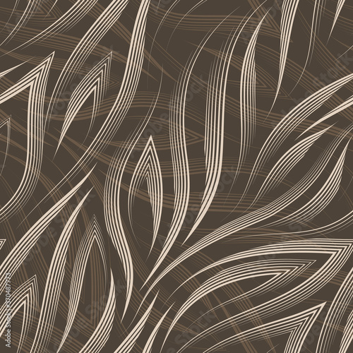 Vector seamless pattern of beige lines and corners on a brown background.Texture of flowing shapes and lines for the flow or sea in pastel colors