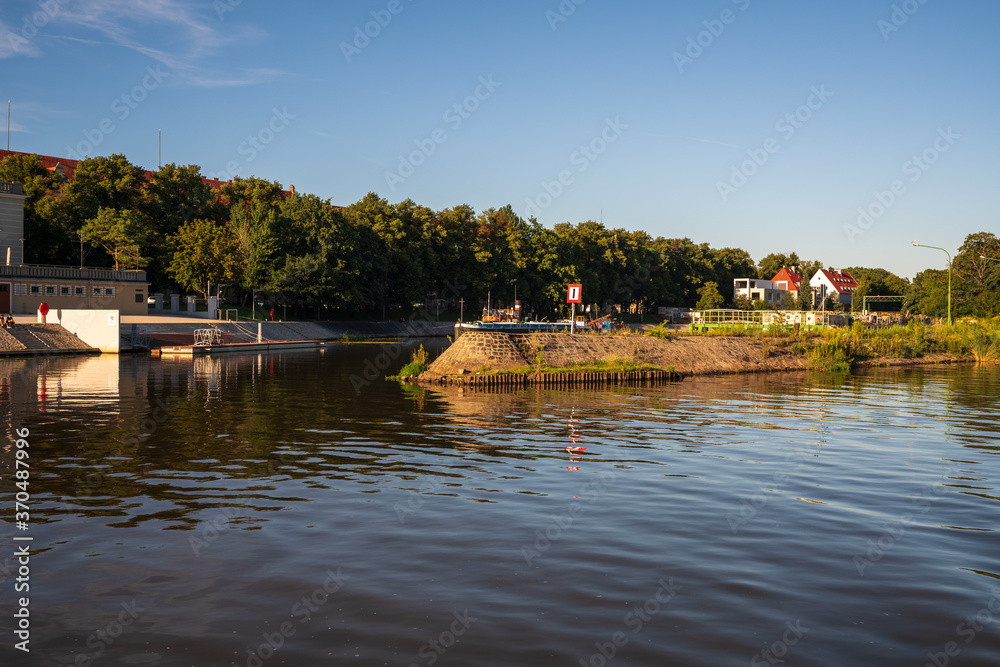 Wroclaw, Poland August 5, 2020; View of the city of Wroclaw from the perspective of the Odra River.
