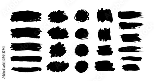 Hand drawn vector ink brush strokes, black paint spot set. Dirty paint blobs and daubs artistic backgrounds. Grunge texture scribbles design element isolated on white. Stains shapes and silhouettes photo