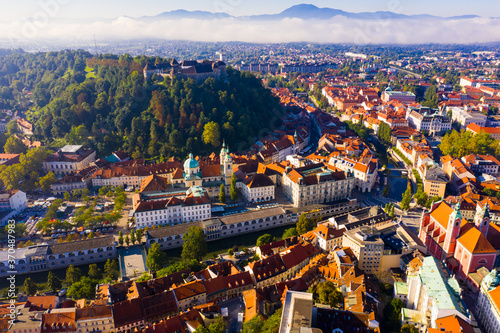 Panoramic aerial view of Ljubljana cityscape and river Ljubljanica, Slovenia
