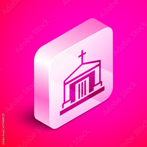 Isometric Old crypt icon isolated on pink background. Cemetery symbol. Ossuary or crypt for burial of deceased. Silver square button. Vector.