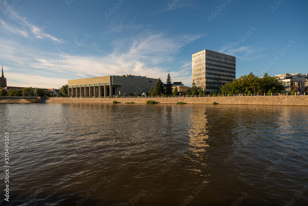 Naklejka premium Wroclaw, Poland August 5, 2020; View of the city of Wroclaw from the perspective of the Odra River.