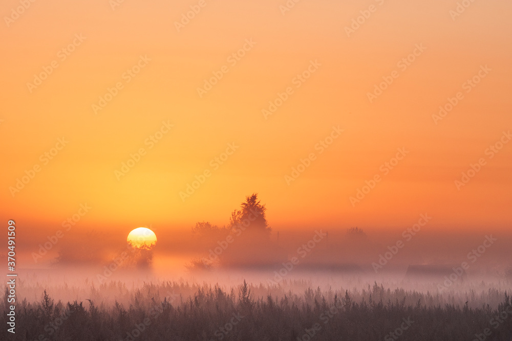 Photo of a foggy morning outside the city. The sun rises above the horizon. Photo of a foggy morning outside the city. The sun rises above the horizon.