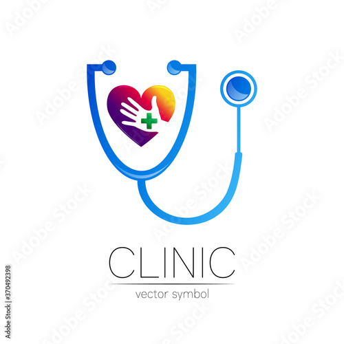 Stethoscope and heart with human hand vector logotype in blue color. Medical symbol for doctor, clinic, hospital and diagnostic. Modern concept for logo or identity style. Sign of health.