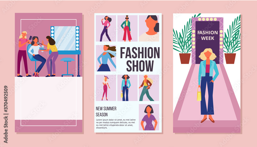 Fashion show advertisement banner set with text template and cartoon models