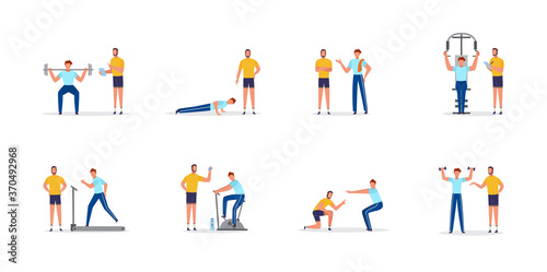 Personal coach or trainer and client, flat vector illustrations set isolated.