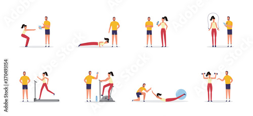 Woman and personal coach doing sport exercises at gym