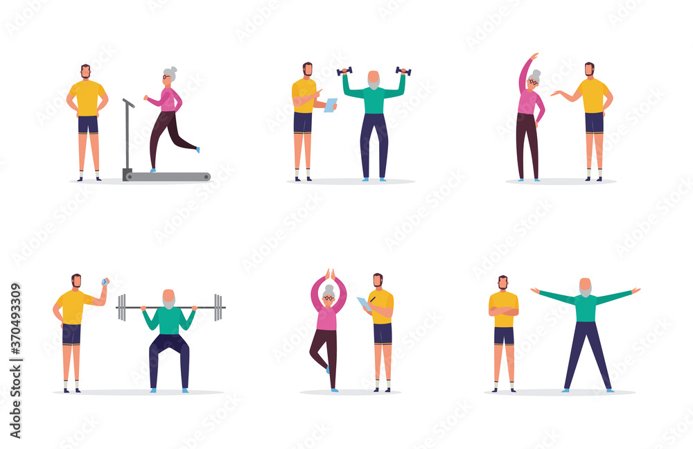 Set of elderly people at training with coach, flat isolated vector illustration.