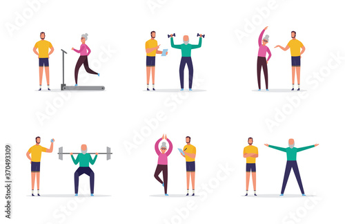 Set of elderly people at training with coach, flat isolated vector illustration.