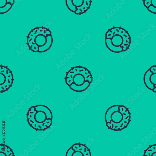 Blue line Donut with sweet glaze icon isolated seamless pattern on green background. Vector.